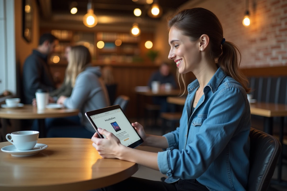 Femme souriante avec sa tablette dans un café convivial