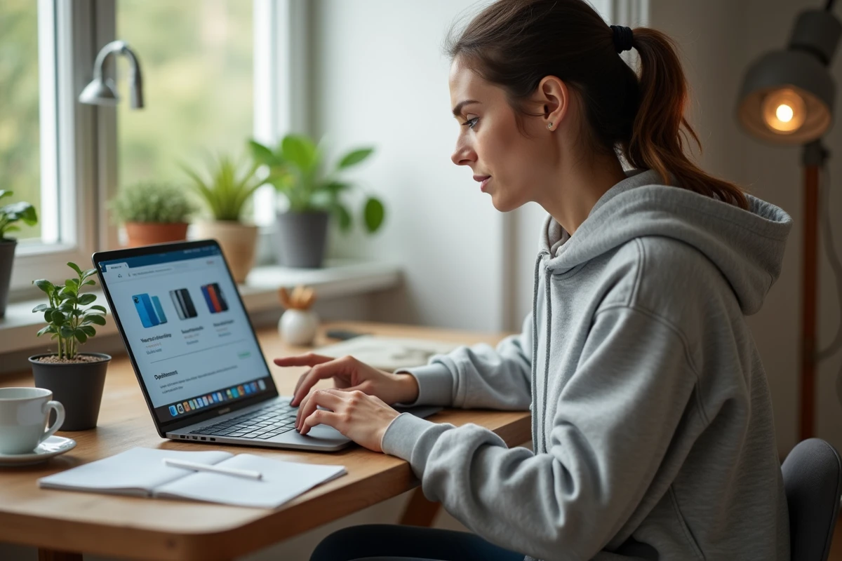 Femme comparant les prix de l'iPhone 12 Pro sur un site web depuis son bureau à domicile