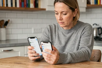 Femme comparant deux smartphones sur une table en bois pour vérifier les paramètres de messagerie Espace Orange avant de changer de téléphone