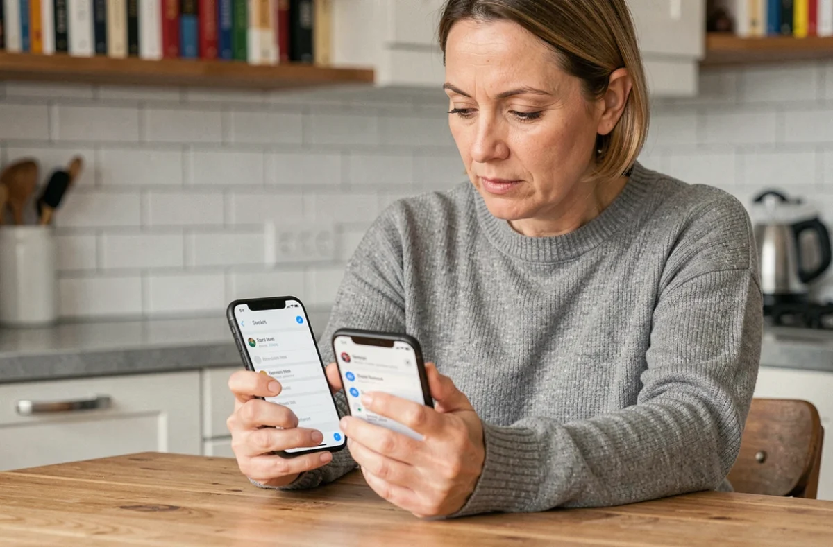 Femme comparant deux smartphones sur une table en bois pour vérifier les paramètres de messagerie Espace Orange avant de changer de téléphone