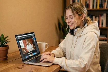 Jeune femme convertissant un clip YouTube en fichier MP4 sur son ordinateur portable à la maison