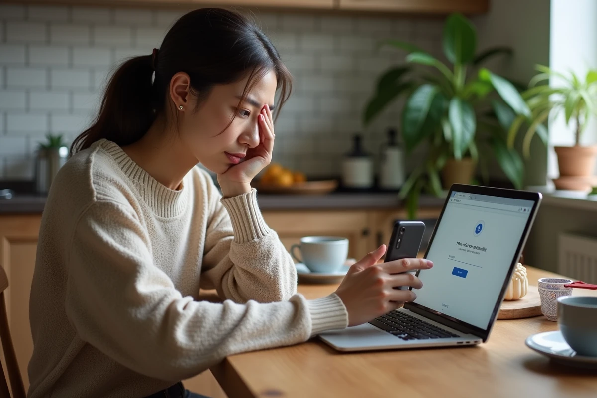 Jeune femme à la maison frustrée face à un échec de webmail sur tablette