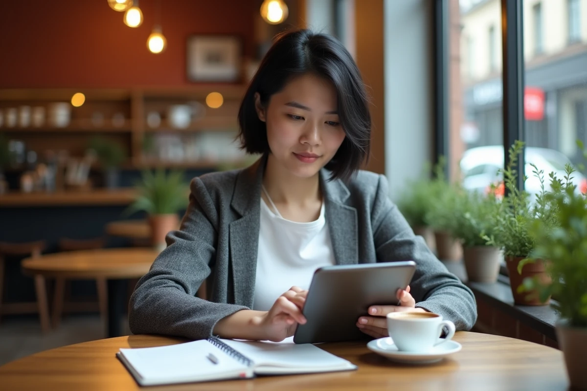 Femme évaluant des outils numériques sur tablette dans un café, symbolisant la comparaison entre solutions innovantes et méthodes traditionnelles