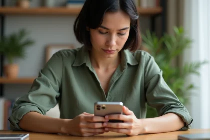 Femme tenant un iPhone 14 et l'examinant attentivement avant un achat en 2026