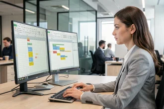 Femme professionnelle utilisant la fonction soustraction dans Excel sur un poste de travail de bureau moderne