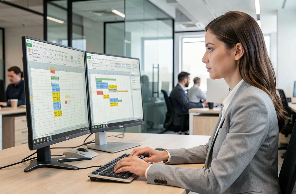 Femme professionnelle utilisant la fonction soustraction dans Excel sur un poste de travail de bureau moderne