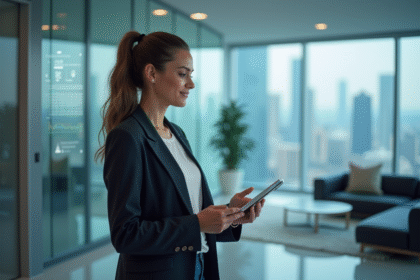Jeune femme en blazer interagissant avec interface virtuelle