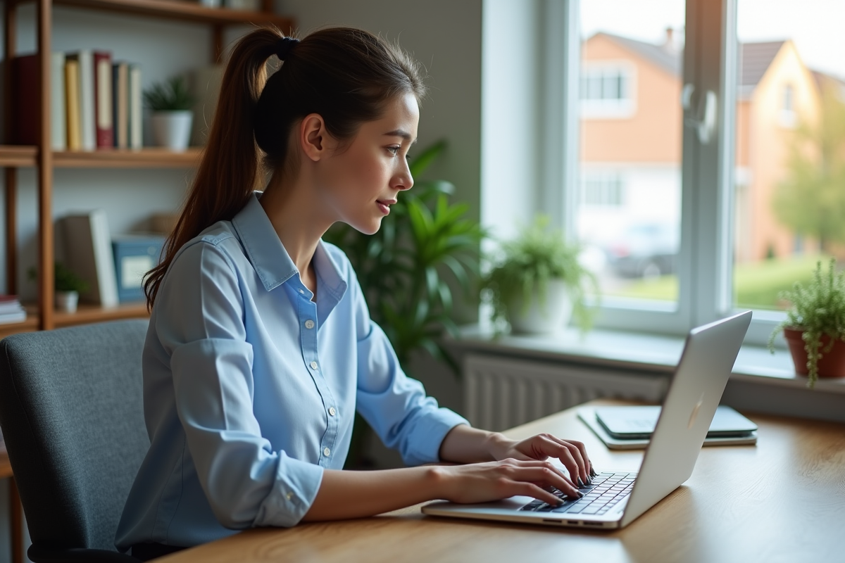 Jeune femme au bureau synchronise des fichiers sur son ordinateur