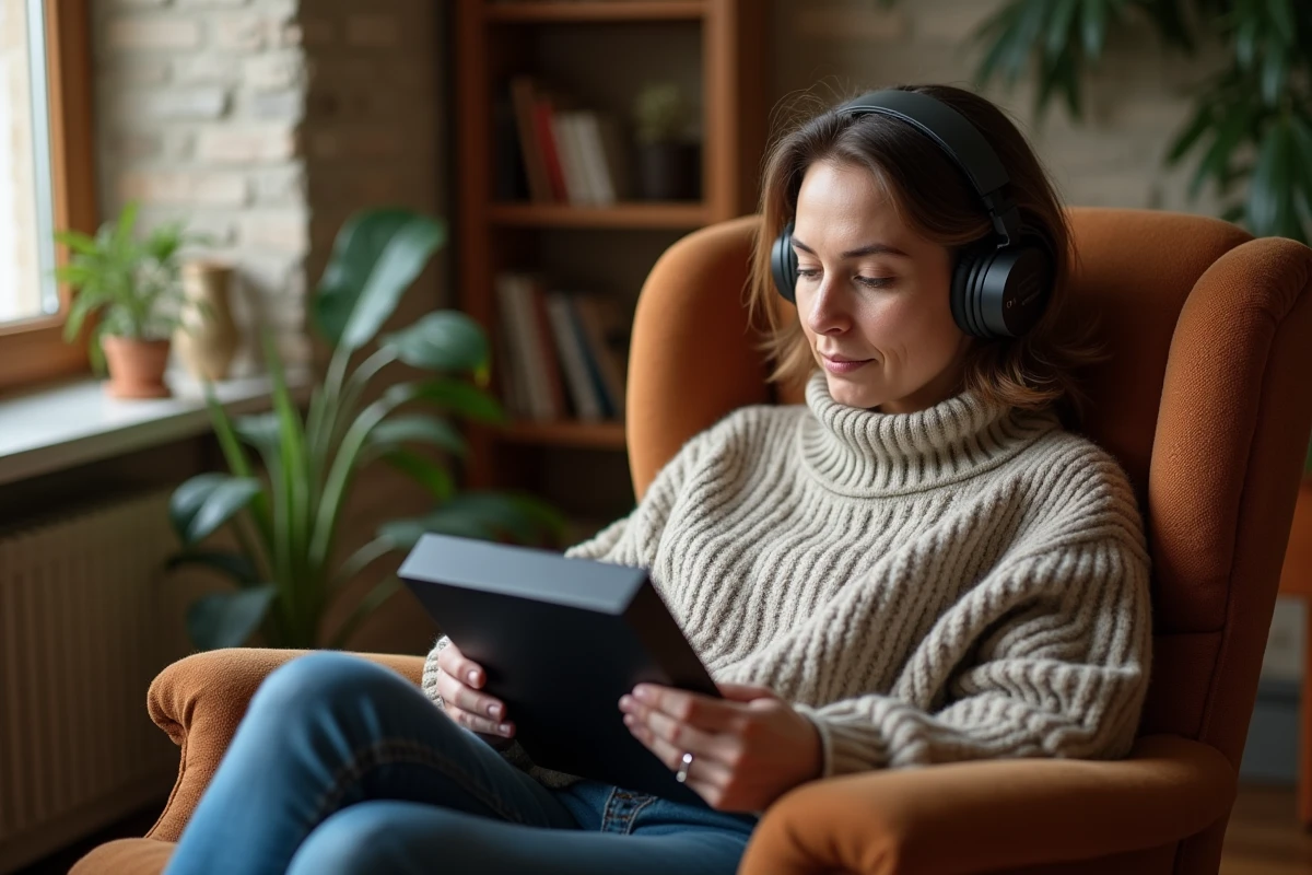 Femme lisant les spécifications d’un casque audio dans un salon chaleureux