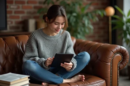 Jeune femme lisant sur une tablette avec une application de lecture hors ligne dans un salon cosy