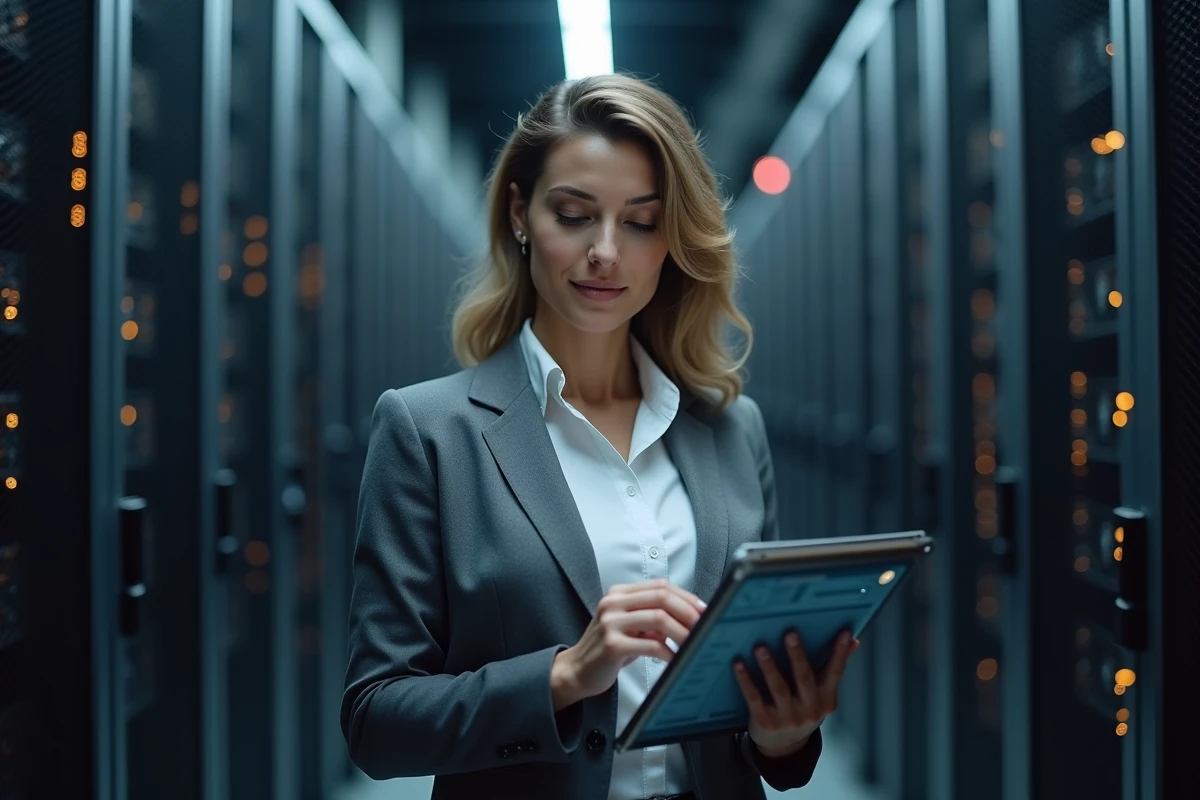 Femme gestionnaire IT dans centre de données hightech
