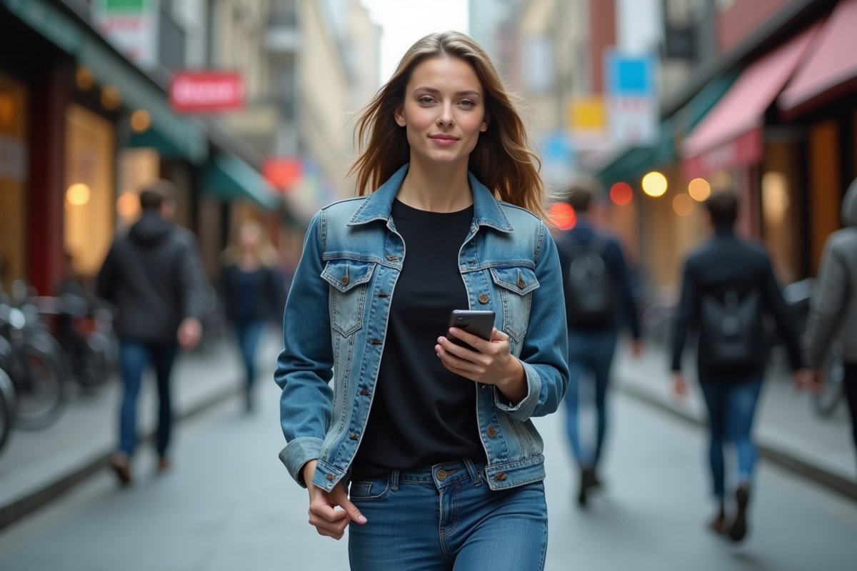 Femme en marche dans la ville dynamique