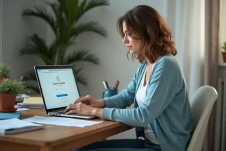 Femme en cardigan bleu regardant un ordinateur avec erreur