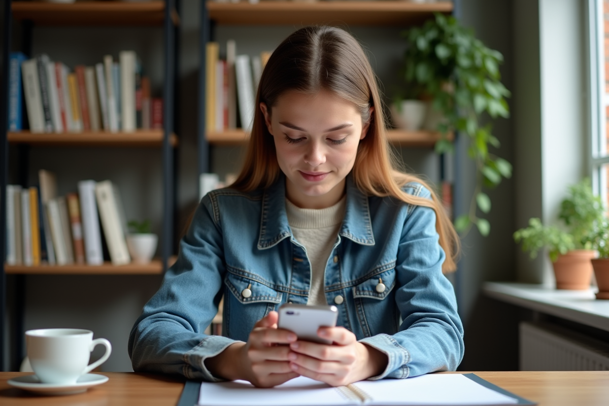 Jeune femme en denim et pull concentrée sur son iPhone à la maison