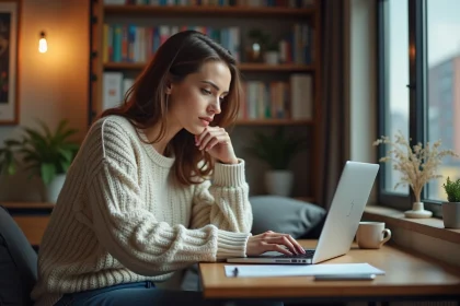 Femme assise à son bureau à la maison regardant un site de shopping US