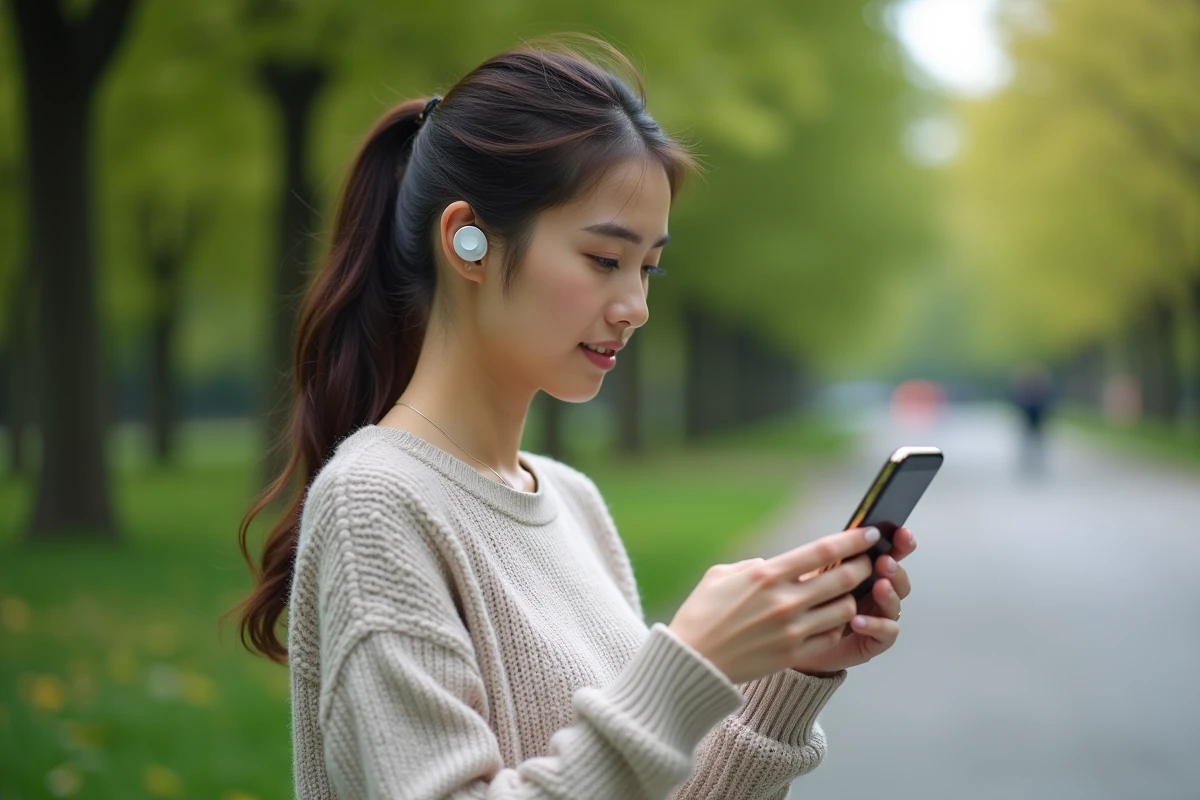 Jeune femme dans un parc regarde son smartphone avec écouteurs