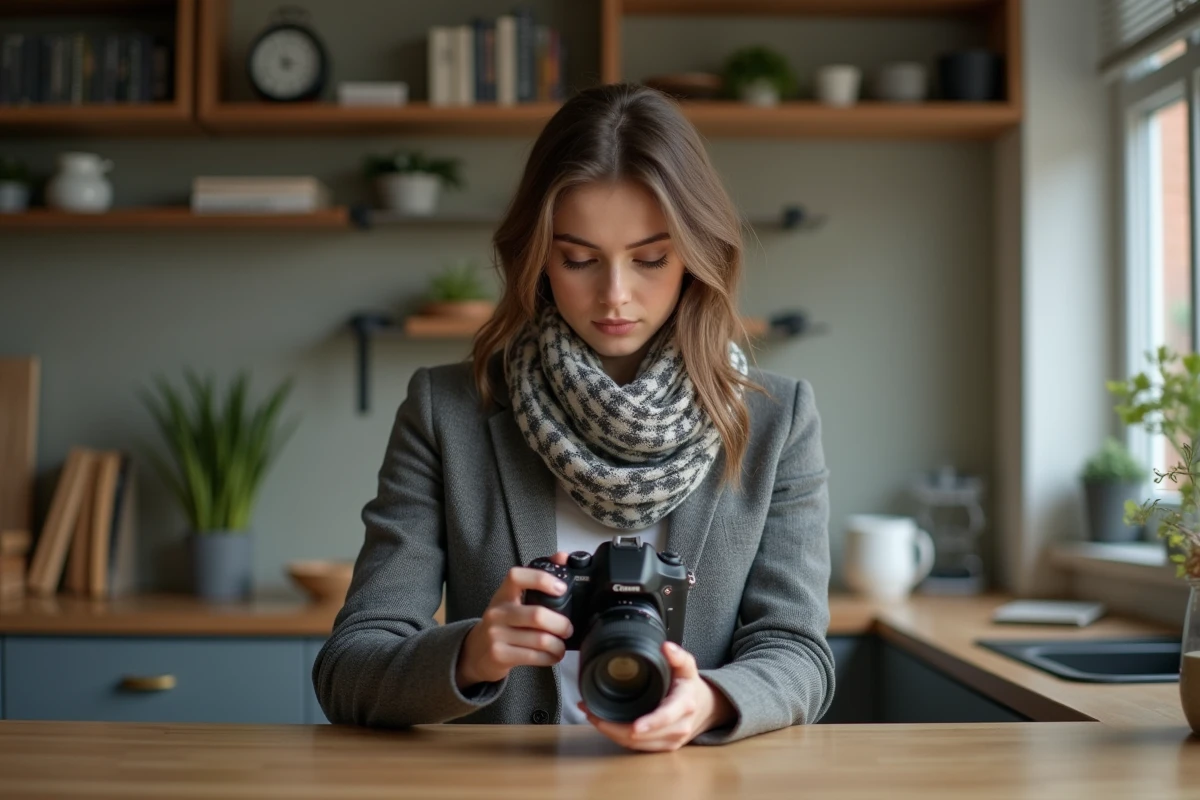 Jeune femme ajustant un appareil photo dans la cuisine