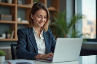 Femme professionnelle souriante utilisant un ordinateur dans un bureau moderne