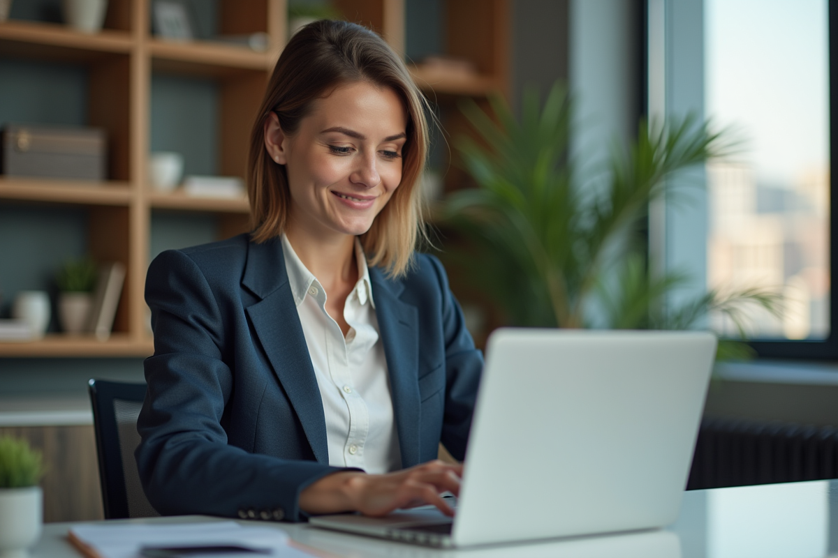 Femme professionnelle souriante utilisant un ordinateur dans un bureau moderne