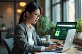 Jeune femme professionnelle concentrée sur son ordinateur avec cadenas vert