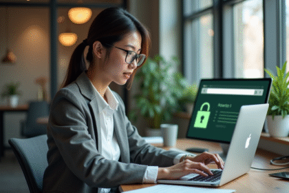 Jeune femme professionnelle concentrée sur son ordinateur avec cadenas vert