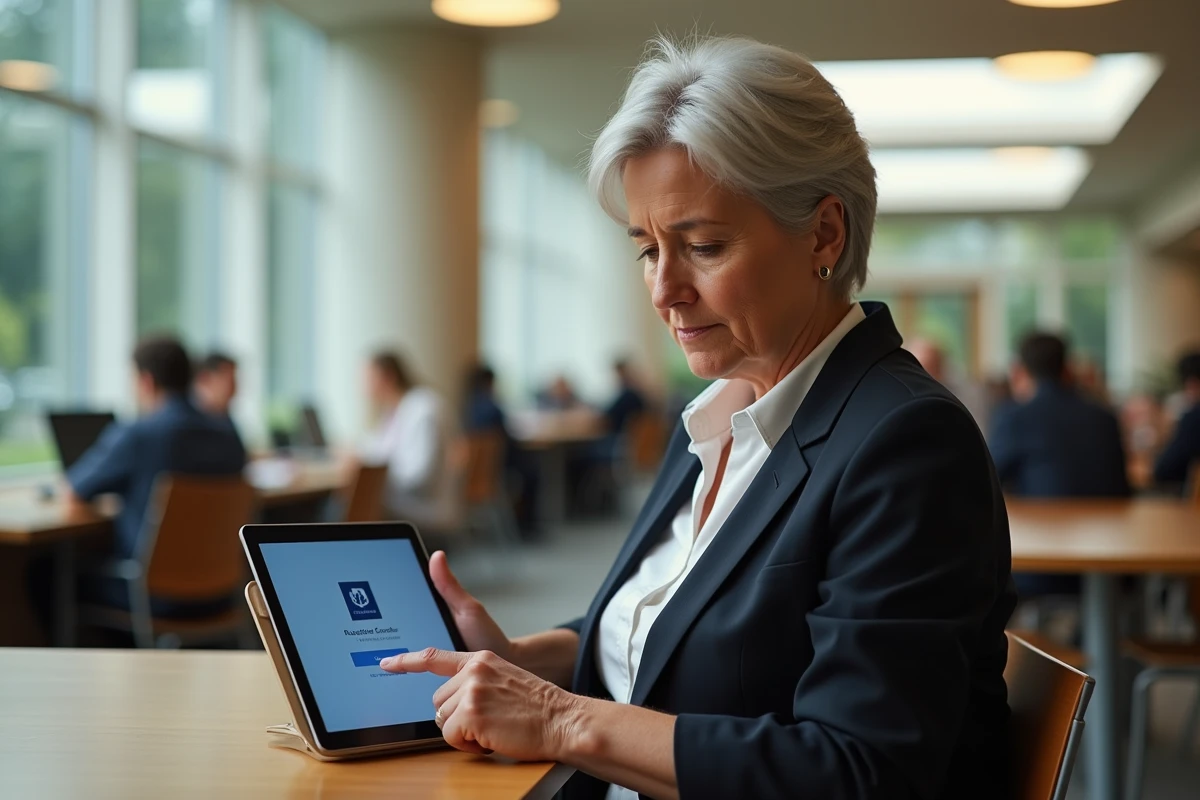 Femme professionnelle utilisant une tablette dans un espace universitaire lumineux