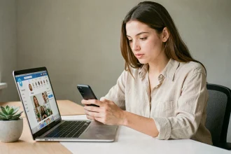 Jeune femme consultant Instagram sur son smartphone pour publier un GIF depuis son bureau minimaliste