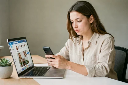 Jeune femme consultant Instagram sur son smartphone pour publier un GIF depuis son bureau minimaliste