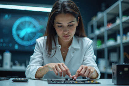 Femme en tenue professionnelle examine des circuits neuronaux