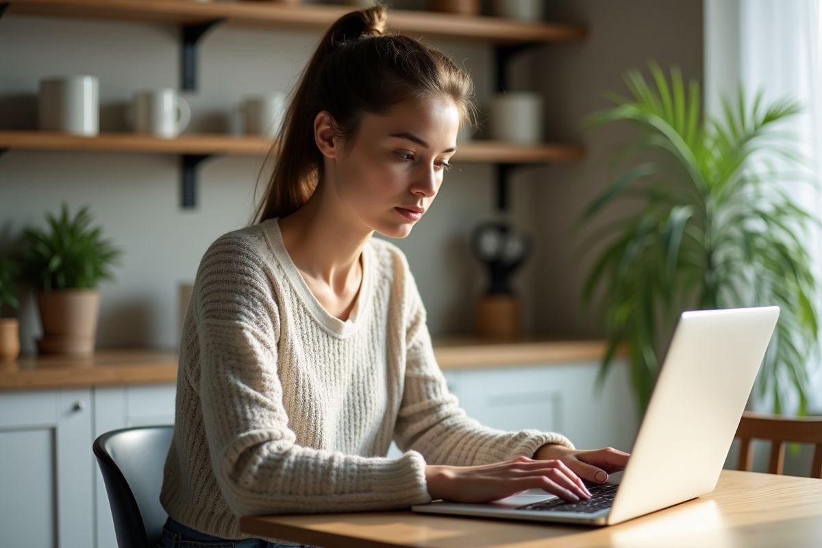 Jeune femme vérifiant ses réglages de confidentialité sur son ordinateur