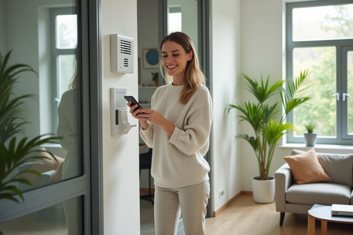 Femme ajustant un routeur wifi dans un salon lumineux