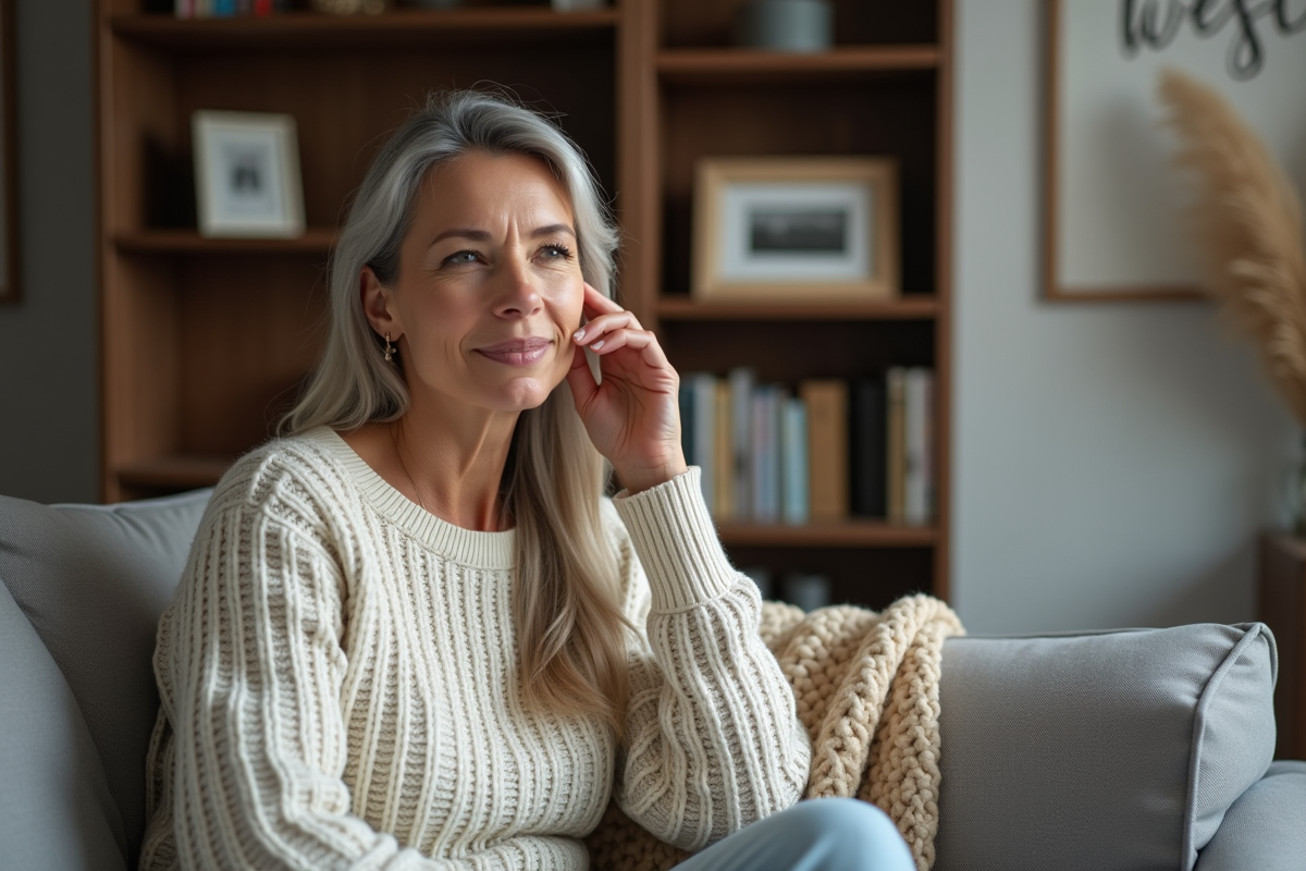 Femme d'âge moyen dans un salon confortable et moderne
