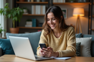 Femme souriante utilisant réseaux sociaux dans un salon moderne
