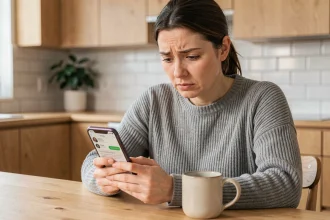 Femme consultant son smartphone pour retrouver des messages supprimés sur une application de messagerie