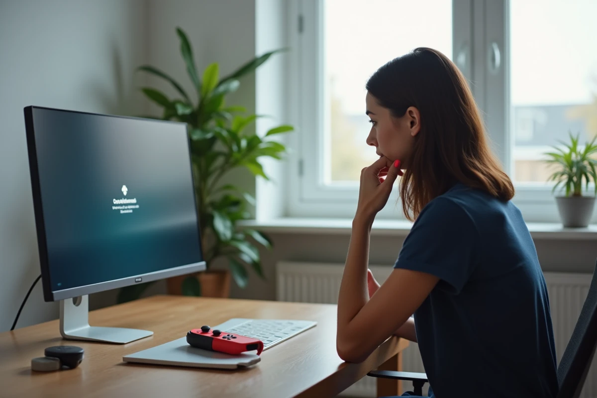 Femme cherchant une solution à un problème de connexion Roblox sur Nintendo Switch en mode TV