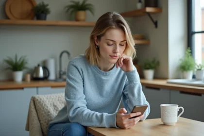 Femme en sweater bleu utilisant son smartphone à la maison