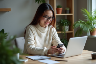 Femme souriante utilisant son smartphone à son bureau