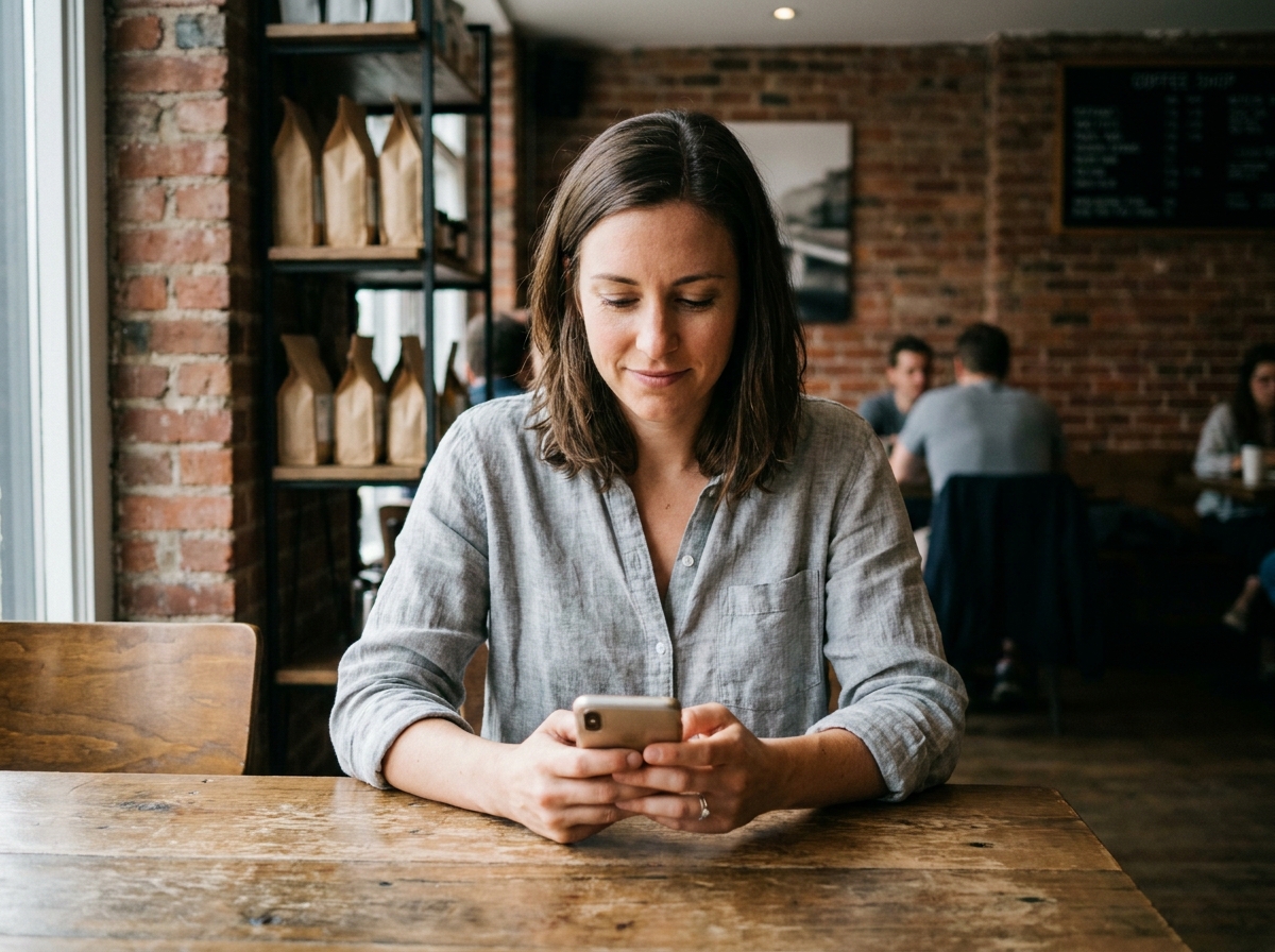 Femme utilisant un smartphone milieu de gamme dans un café urbain au quotidien