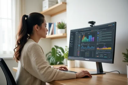 Femme en télétravail devant un grand écran PC ultrawide affichant des tableurs et une visioconférence dans un bureau à domicile moderne