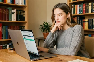 Femme utilisant un outil de traduction en ligne sur un ordinateur portable dans un bureau à domicile