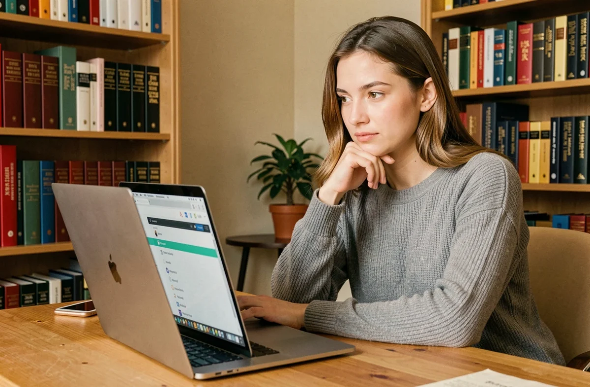 Femme utilisant un outil de traduction en ligne sur un ordinateur portable dans un bureau à domicile