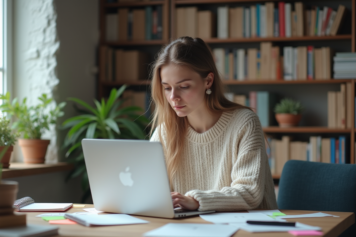 Jeune femme au bureau travaillant sur son ordinateur
