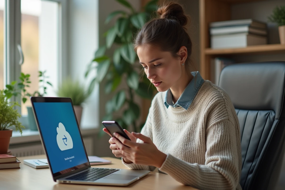 Jeune femme au bureau avec smartphone et erreur de synchronisation