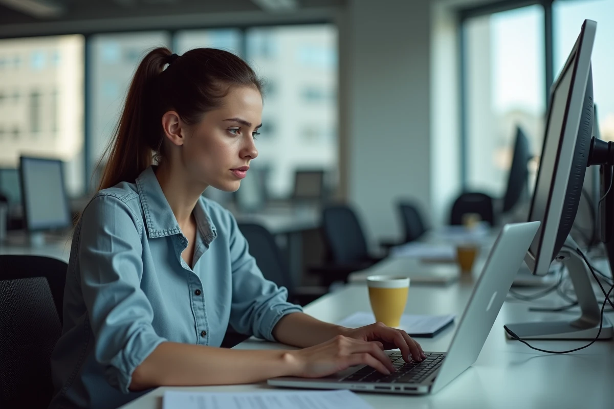 Jeune femme au bureau en train de taper sur son ordinateur pour résoudre un problème