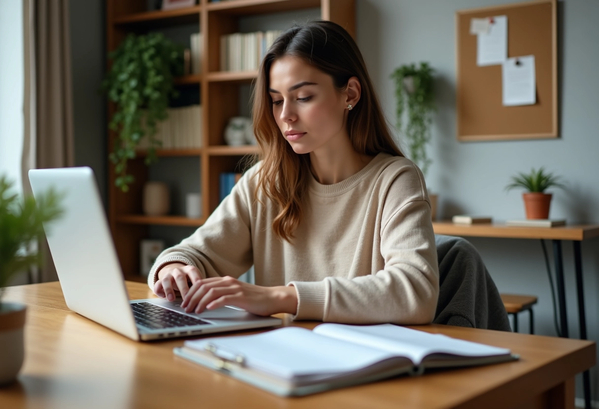 Femme vérifiant des papiers dans un appartement organisé