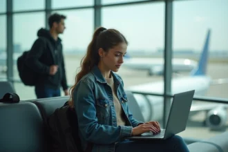 Jeune femme travaillant à l'aéroport avec vue sur avions