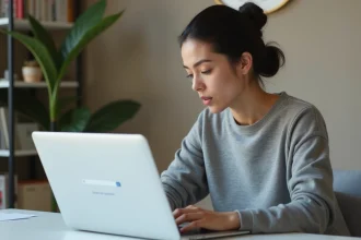 Femme utilisant Google USA sur un ordinateur portable dans un bureau moderne à domicile