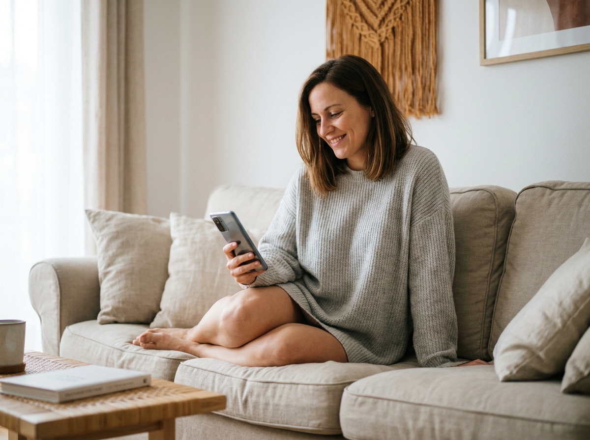 Femme utilisant un smartphone Redmi dans un salon confortable, illustrant une utilisation quotidienne