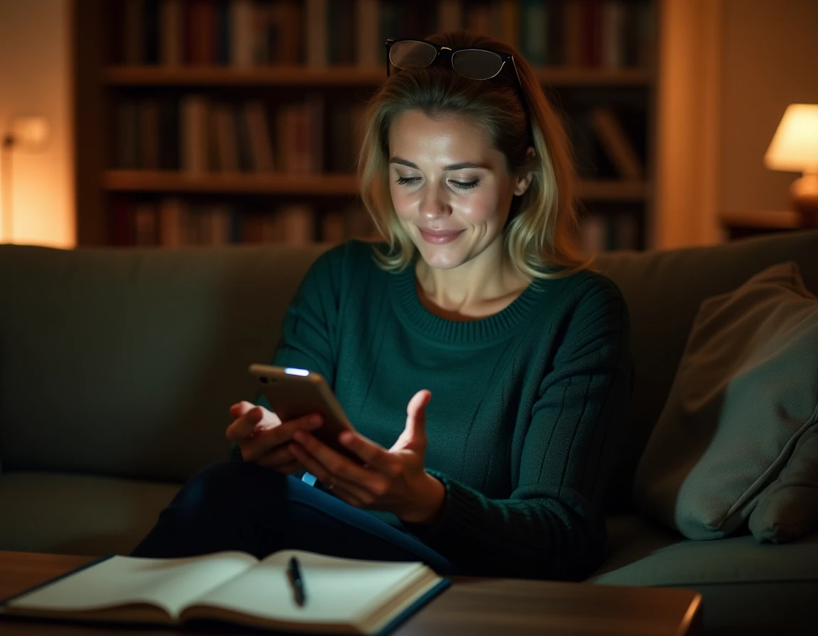 Femme utilisant WhatsApp et ChatGPT pour gérer ses tâches quotidiennes depuis son salon