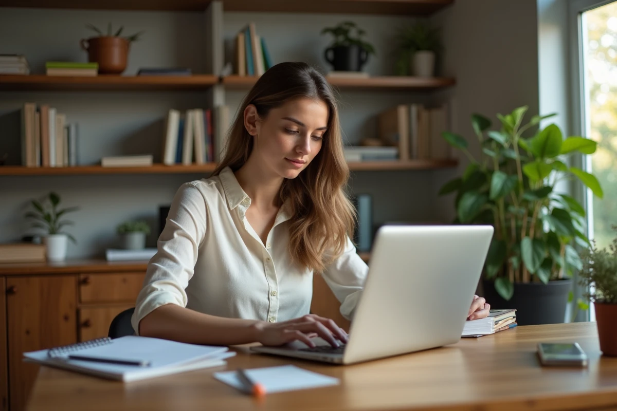 Jeune femme apprend l'espagnol sur son ordinateur à la maison